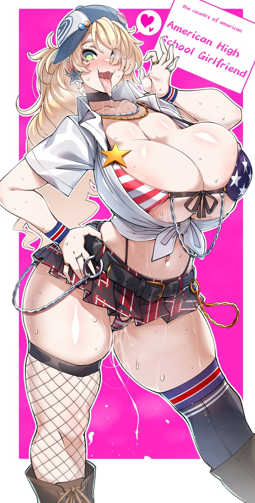 1girls air_fellatio american_flag american_flag_bikini big_breasts bikini blonde_female blowjob_gesture breasts busty cap curvaceous curvy curvy_body curvy_female curvy_figure earring edit fellatio_gesture female female_focus fishnets gigantic_breasts gonzalo_costa green_eyes huge_breasts japanese_text konoshige_(ryuun) large_breasts naughty naughty_face naughty_smile necklace necklaces oc original original_character ring ryuun_(stiil) skirt slutty_outfit solo text third-party_edit tongue tongue_out translated voluptuous