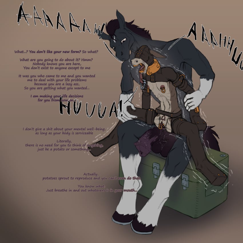 abuse anthro asinus bondage bound collar donkey duo equid equine female forced gag hi_res hood horse hybrid leather male male/female mammal mule rape restrains shaking shivering size_difference unknown_artist