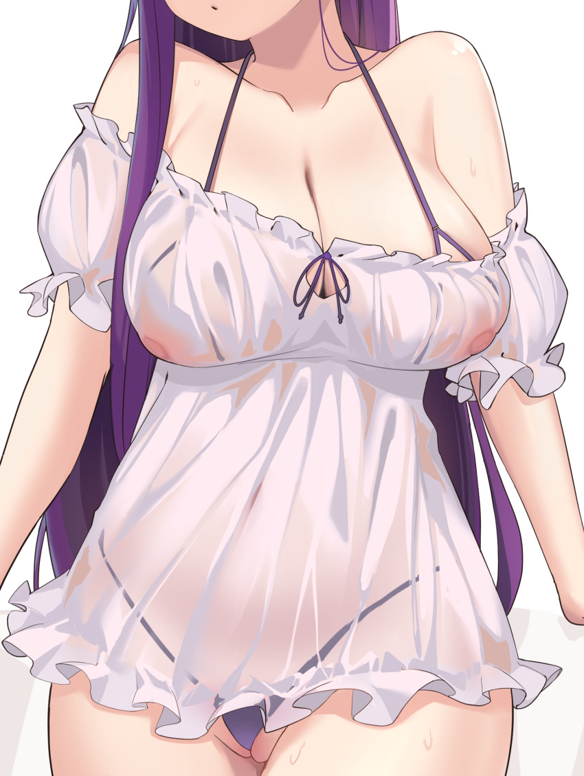 breasts cleavage collarbone commentary_request covered_navel covered_nipples dress female fern_(sousou_no_frieren) frills head_out_of_frame highres huge_breasts lingerie long_hair panties partially_visible_vulva purple_hair purple_panties see-through see-through_dress shiroi_ume short_dress simple_background solo sousou_no_frieren thong underwear very_long_hair white_background white_dress