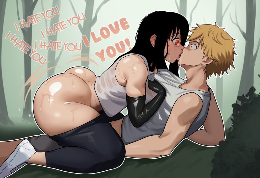 1boy 1boy1girl 1girls 2024 absurd_res armwear ass black_hair blonde_hair chainsaw_man clothing denji_(chainsaw_man) female forest freshnsfw highres kissing male saliva shoes sweat tank_top text yoga_pants yoru_(chainsaw_man)