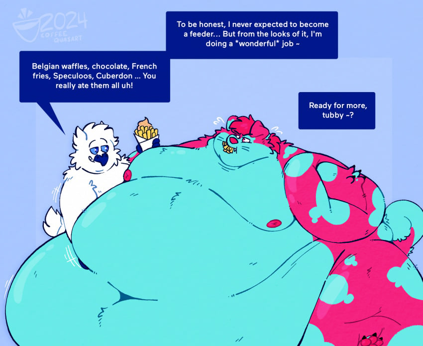 2024 2boys anthro belly belly_overhang bhm big_belly bird bird_boy blob canid canine canis coffeequasar dialogue dog_boy english_text fat fat_anthro fat_arms fat_belly fat_fetish fat_male fat_man fat_rolls fatfur feederism feeding food fries frost_the_owl_(coffeequasar) furry gigantic_belly immobile moobs morbidly_obese morbidly_obese_anthro morbidly_obese_male newton_the_dog obese obese_anthro obese_male overweight overweight_anthro overweight_male speech_bubble ssbhm ussbhm weight_gain