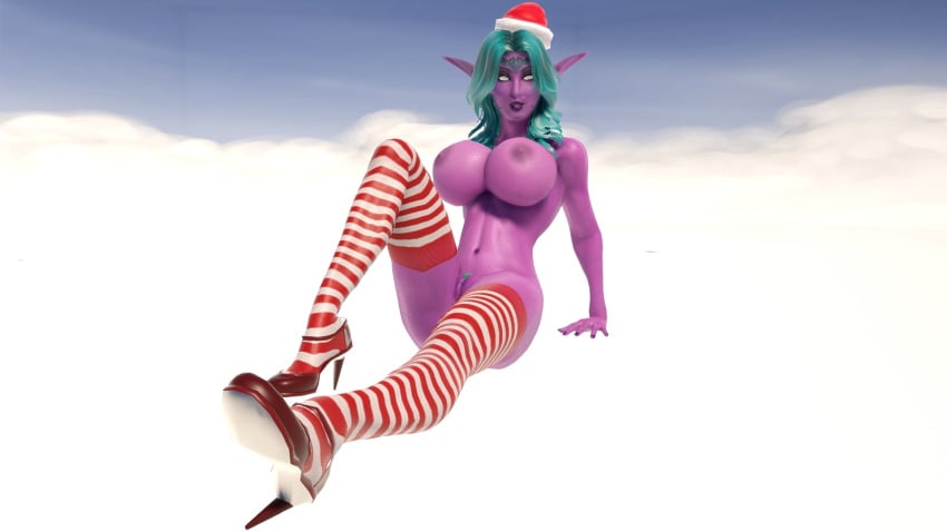 1girls 3d big_breasts blizzard_entertainment christmas green_hair high_heels marvyy night_elf pubic_hair purple_skin pussy santa_hat solo stockings tyrande_whisperwind warcraft winter_veil world_of_warcraft