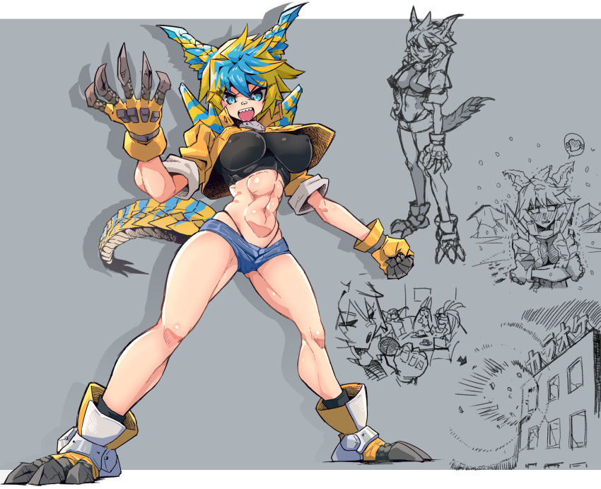 2024 abs blue_eyes capcom claws dragon_horns gijinka horns huge_breasts jari_1986 monster_girl monster_hunter nipple_bulge short_hair tagme tail tigrex