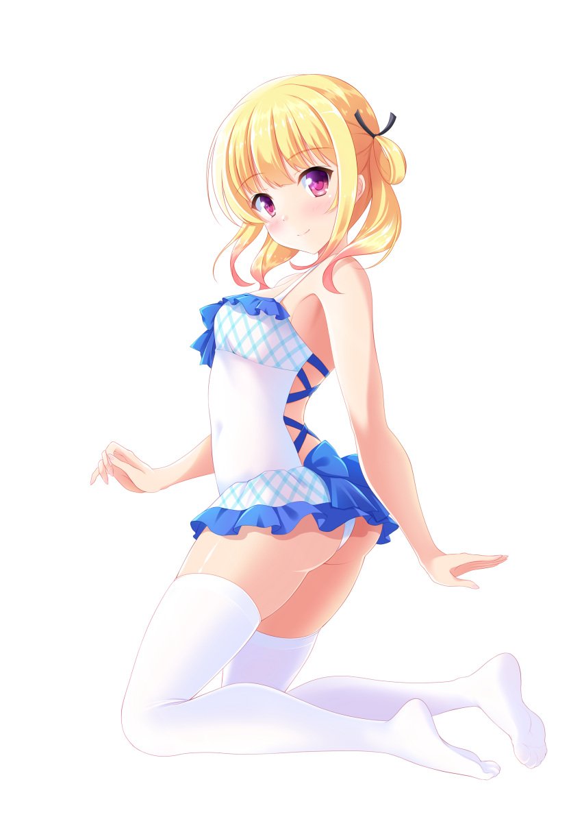 1girls ass blonde_hair female female_only looking_at_viewer purple_eyes shoeless smiling smiling_at_viewer swimsuit white_background white_panties white_stockings 八神晨月