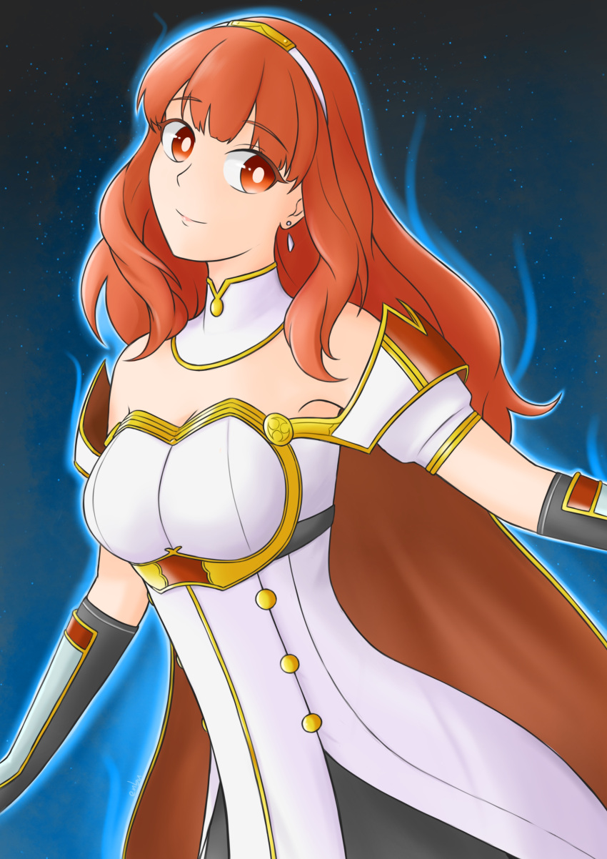 1girls armpits aura bangs bare_shoulders blue_aura breasts cape celica_(fire_emblem) cleavage detached_sleeves dress earrings elbow_gloves emblem_(fire_emblem) enbu female female_only fire_emblem fire_emblem_echoes:_shadows_of_valentia fire_emblem_engage gloves long_hair medium_breasts nintendo orange_eyes orange_hair short_sleeves shoulders smile solo tiara