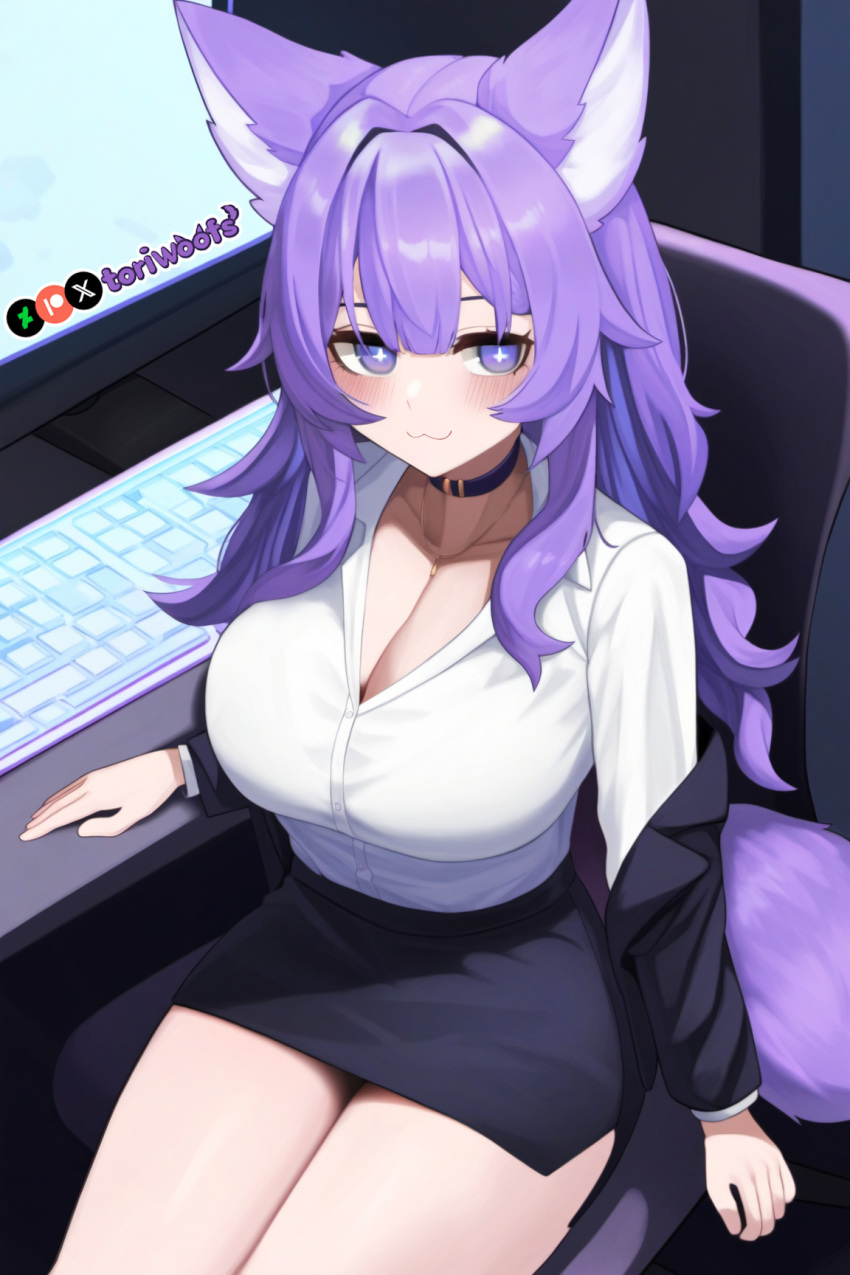 1girls :3 ai_generated big_breasts breasts business_suit computer curvy cute dog_ears dog_girl doggirl female female_focus female_only highres hips huge_boobs huge_breasts kemonomimi light_skin light_skinned_female long_hair office_lady patreon_username petgirl purple_ears purple_eyes purple_hair purple_tail shirt skirt thick_thighs thighs tori toriwoofs watermark wavy_hair white_skin white_skinned_female wide_hips wolf_ears