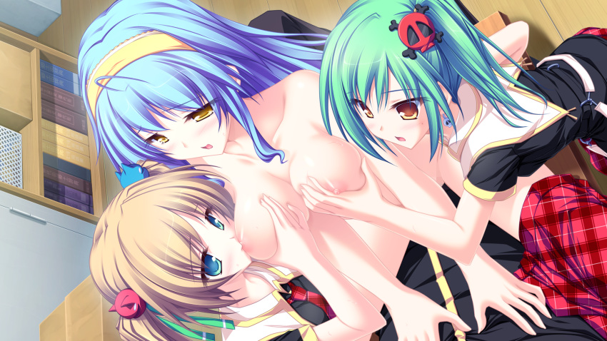 3girls ahoge bisexual blue_hair breast_grab breasts brown_hair cat_hair_ornament censored enomoto_yoshika game_cg cowgirl_position green_hair group_sex hair_ornament hairband highres hiiragi_tsukino hisagihara_ui long_hair maikaze_no_melt multiple_girls nipples seifuku sex short_hair skull_hair_ornament straddle tenmaso whirlpool