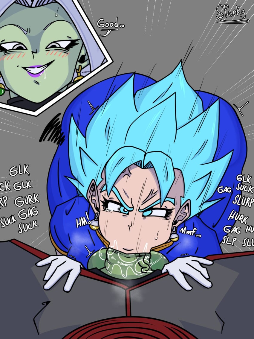 1futa 1girls balls big_breasts big_penis blush breasts clothed clothing deepthroat dilated_pupils dragon_ball dragon_ball_super drooling erection fellatio female female_focus female_vegito female_zamasu fusion futa_on_female futanari gagging gagging_noise gawking green_penis green_skin high-angle_view human humanoid humanoid_penis light-skinned_female light_skin lips mostly_clothed oral penis potara_earrings purple_lipstick rule_63 sex skurigami slurping super_saiyan_blue vegito zamasu