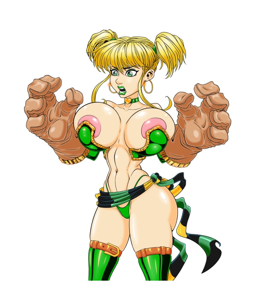 aged_up battle_chasers big_ass big_breasts blonde_hair boots bubble_butt bustier choker earrings eyeliner eyeshadow gloves green_boots green_eyes green_eyeshadow green_lipstick gully hairband lipstick long_gloves makeup nipple_slip nipples nipples_visible_through_clothing noriyuki83 surprised_expression thigh_boots thong twintails waist_band