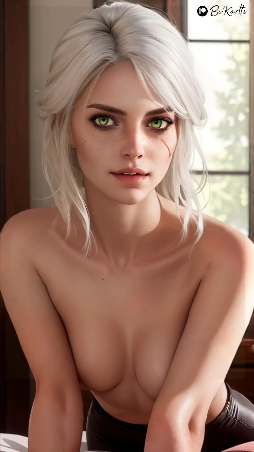 ai_generated bokartti breasts ciri female freckles green_eyes half-dressed half_naked light-skinned_female looking_at_viewer scar solo the_witcher_(series) the_witcher_3:_wild_hunt white_hair