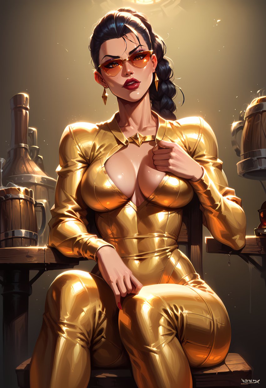 1girls ai_generated bodysuit gold latex league_of_legends shiny shiny_skin smoke600 stable_diffusion sunglasses tinted_eyewear vayne