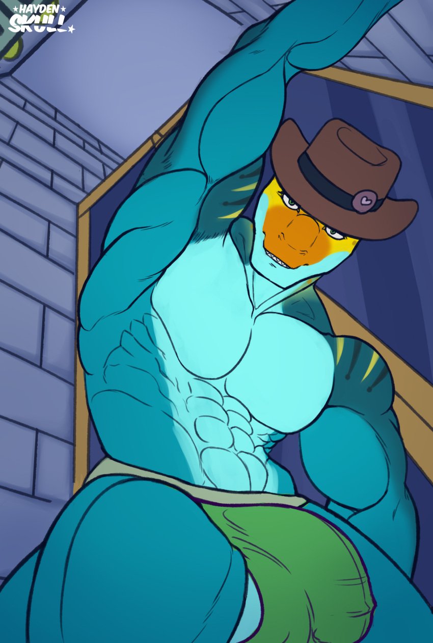 2023 abs anthro ball_slip balls barely_contained biceps big_balls big_biceps big_bulge blue_body blue_scales bulge clothing collared_lizard common_collared_lizard cowboy_hat detailed_background detailed_bulge digital_drawing_(artwork) digital_media_(artwork) flat_colors genital_outline genitals glass_door green_clothing green_eyes green_jockstrap green_underwear grinning_at_viewer hat haydenskull headgear headwear heart_symbol hi_res inside jockstrap lizard looking_at_viewer low-angle_view male markings monroe_lehner mostly_nude muscular muscular_anthro muscular_male non-mammal_balls orange_body orange_scales pecs penis_outline reptile scales scalie serratus signature solo spots spotted_body spotted_scales standing striped_body striped_scales stripes teeth tile tile_wall underwear wall_(structure) wardrobe_malfunction yellow_body yellow_scales