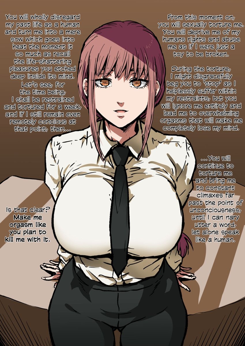 ahemaru big_breasts breasts business_suit chainsaw_man curvy dirty_talk femsub makima_(chainsaw_man) mature_female mature_woman office_clothing pov power_bottom shirt_tucked_in submissive_dom submissive_female talking_to_viewer text thick_ass thick_thighs tucked_shirt wall_of_text wide_hips