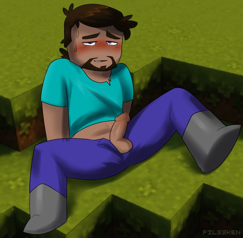 blue_shirt blush brown_hair facial_hair gay goatee male_only minecraft pants_open pilssken purple_eyes sitting small_penis steve_(minecraft) sweatdrop sweating