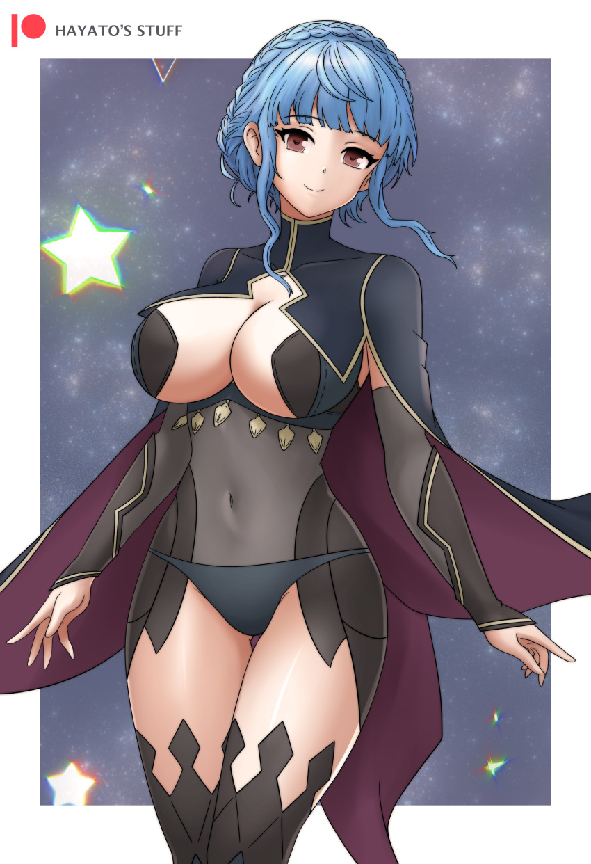 1girls alternate_costume ass_visible_through_thighs bangs bare_thighs black_panties blue_hair bodystocking braid breasts brown_eyes cape cleavage cosplay covered_navel female female_only fire_emblem fire_emblem:_three_houses fire_emblem_fates hayato_stuff large_breasts light_blue_hair looking_at_viewer marianne_von_edmund nintendo nyx_(fire_emblem)_(cosplay) panties short_hair sidelocks smile solo star thighhighs thighs underwear