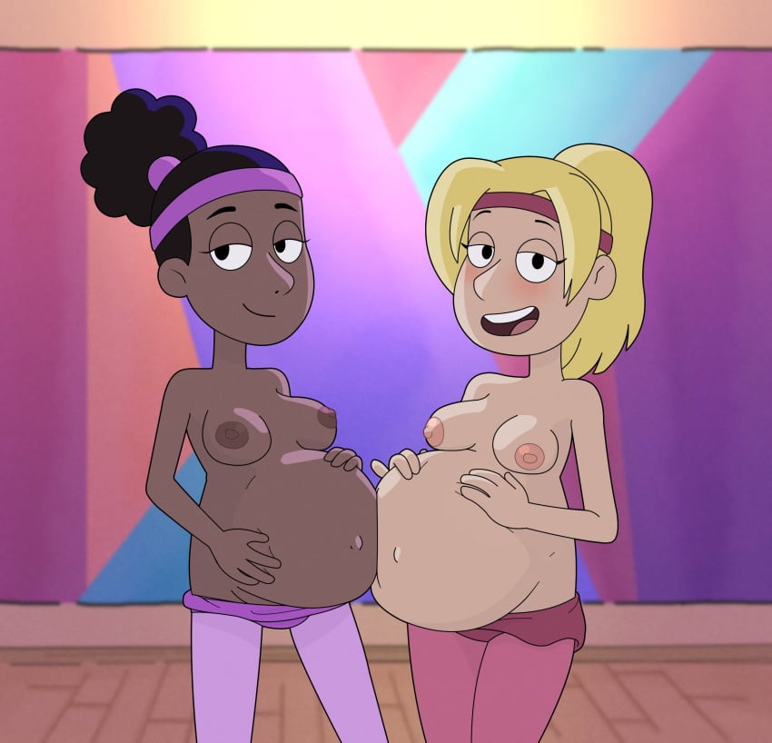 2girls big_belly big_breasts black_hair blonde_hair cartoon_network character_request dark-skinned_female dark_skin exposed_belly exposed_breasts light-skinned_female light_skin long_hair looking_at_viewer mop_goblin no_bra pregnant pregnant_female we_bare_bears