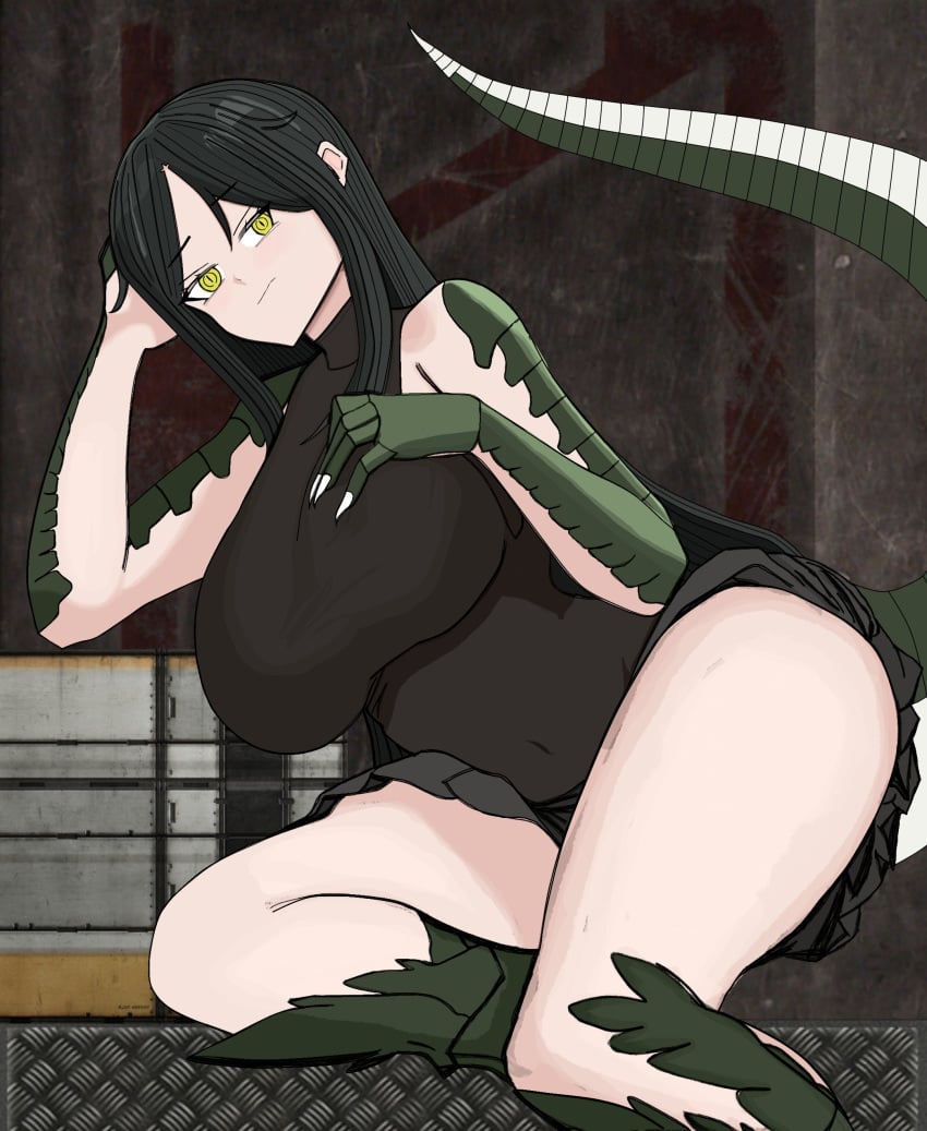 absurdres arm_on_own_head bare_shoulders black_hair blush breasts female highres large_breasts lizard_tail long_hair midriff monster_girl reptile_girl reptilia_queen scales scp-682 scp_foundation sidelocks skirt solo tail yellow_eyes