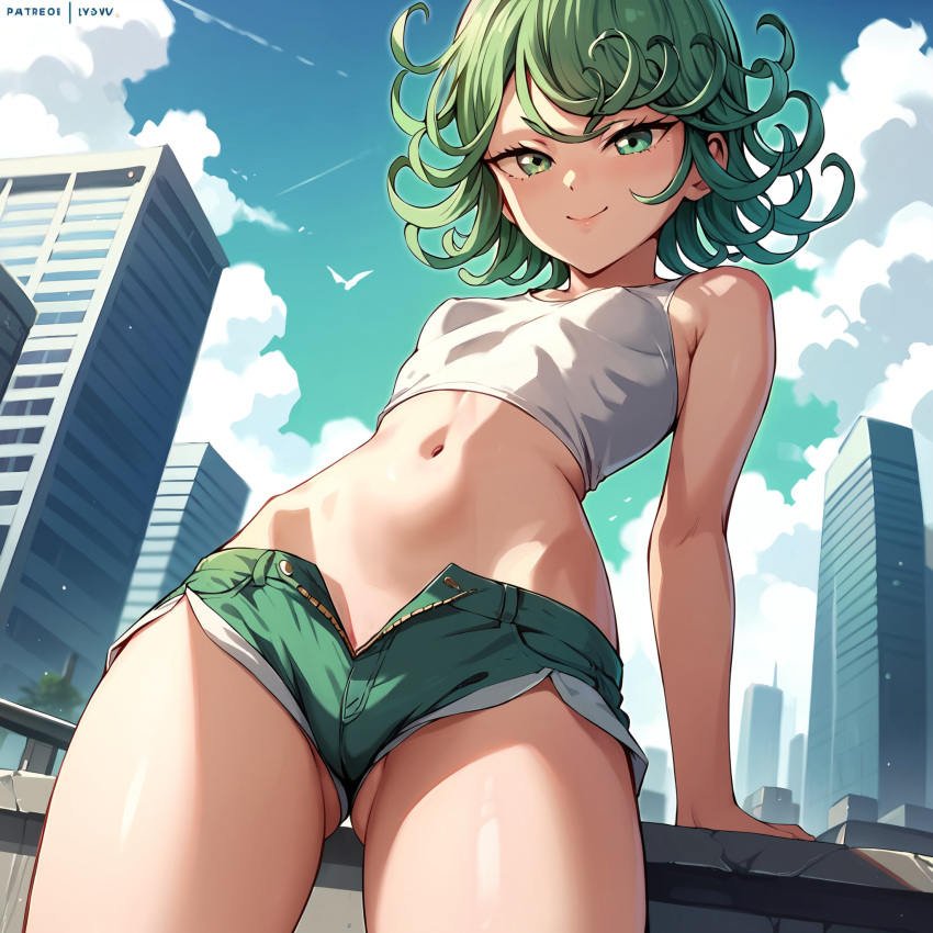 1girls ai_generated female female_only green_hair henrychrist navel one-punch_man shorts small_breasts smile solo tank_top tatsumaki