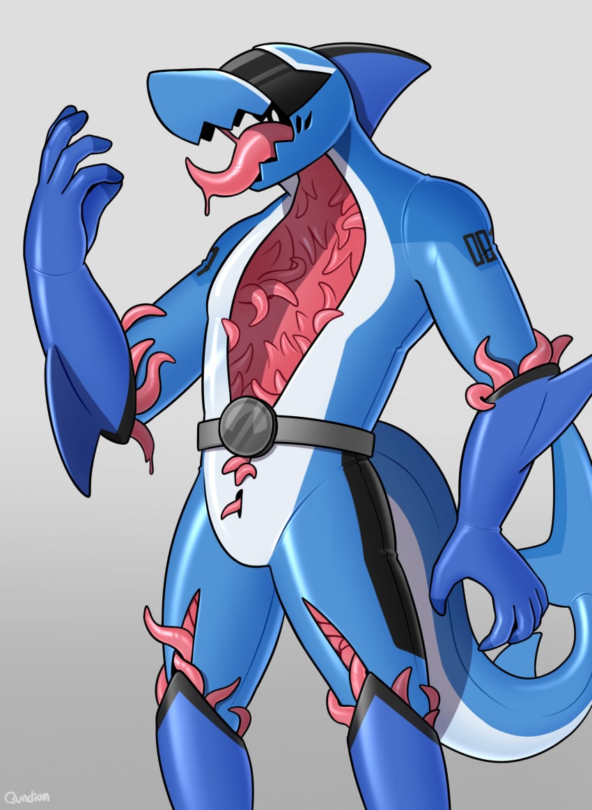 2023 absurd_res ambiguous_gender anthro arm_fins belly blue_body boots clothing fin fish footwear gloves hacony handwear hi_res living_suit marine shark solo tail tail_fin tentacle tentacle_suit tongue visor white_belly