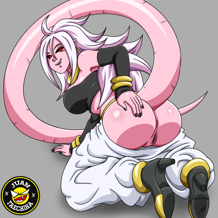 android_21 android_21_(evil) android_girl ass ass_focus back_view butt_focus dragon_ball dragon_ball_fighterz dragon_ball_z female female_only juantrechiha majin majin_android_21 pervert pink_body pink_hair pink_skin red_eyes sexy_beach smile solo solo_female tail vagina white_hair