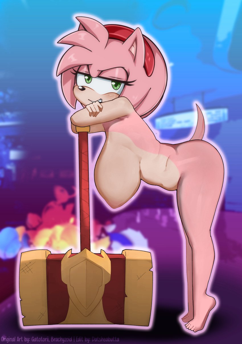 absurdres amy_rose badnik blurry_background brachyzoid breasts casino crossed_arms datsheabutta datsheabutta_(editor) edit fire from_side gatotorii green_eyes hairband hammer hanging_breasts hedgehog highres large_breasts leaning_forward naughty_face nipples nude pink_fur sega sonic_(series) sonic_the_hedgehog_(series) tiptoes