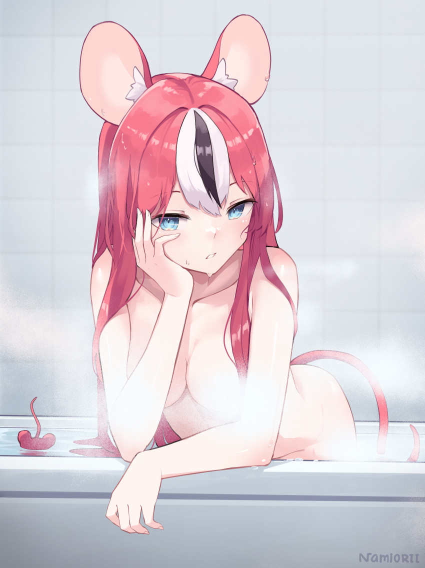 1girls 2d 2d_(artwork) animal_ears bath bathing bathroom blue_eyes female female_focus female_only front_view hakos_baelz high_resolution highres hololive hololive_english hololive_english_-council- hololive_english_-promise- hourglass_figure light-skinned_female light_skin long_hair looking_at_viewer medium_breasts multicolored_hair namiorii nude nude_female rat_ears rat_girl rat_tail red_hair solo solo_female solo_focus virtual_youtuber vtuber vtuberfanart water wet wet_body young younger_female