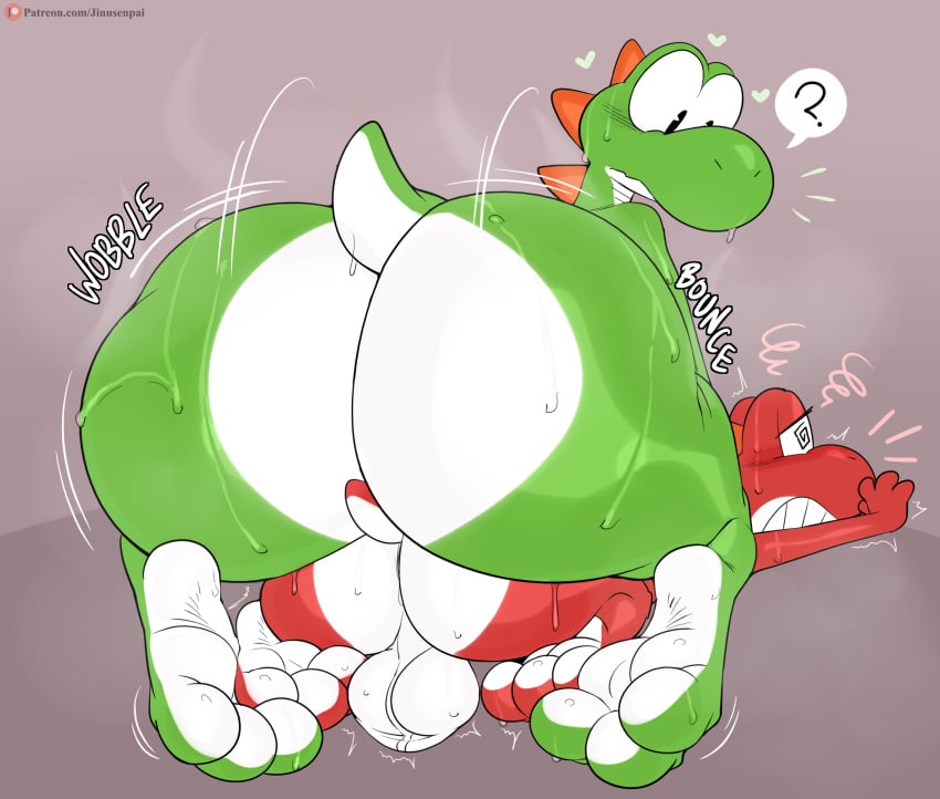 2023 2boys 3_toes absurd_res alternate_version_at_paywall anthro ass backsack balls barefoot better_version_at_paywall big_balls big_butt black_eyes bodily_fluids countershade_feet countershade_tail countershading duo english_text feet gay genitals green_body green_yoshi grey_background heart_symbol hi_res hindpaw huge_butt jinu lying male male/male mario_(series) motion_lines multicolored_body nintendo nude on_bottom on_front on_top onomatopoeia paws question_mark rear_view red_body red_yoshi simple_background soles sound_effects spiral_eyes sweat sweaty_butt sweaty_feet tail text thick_thighs toes two_tone_body white_body white_countershading yoshi