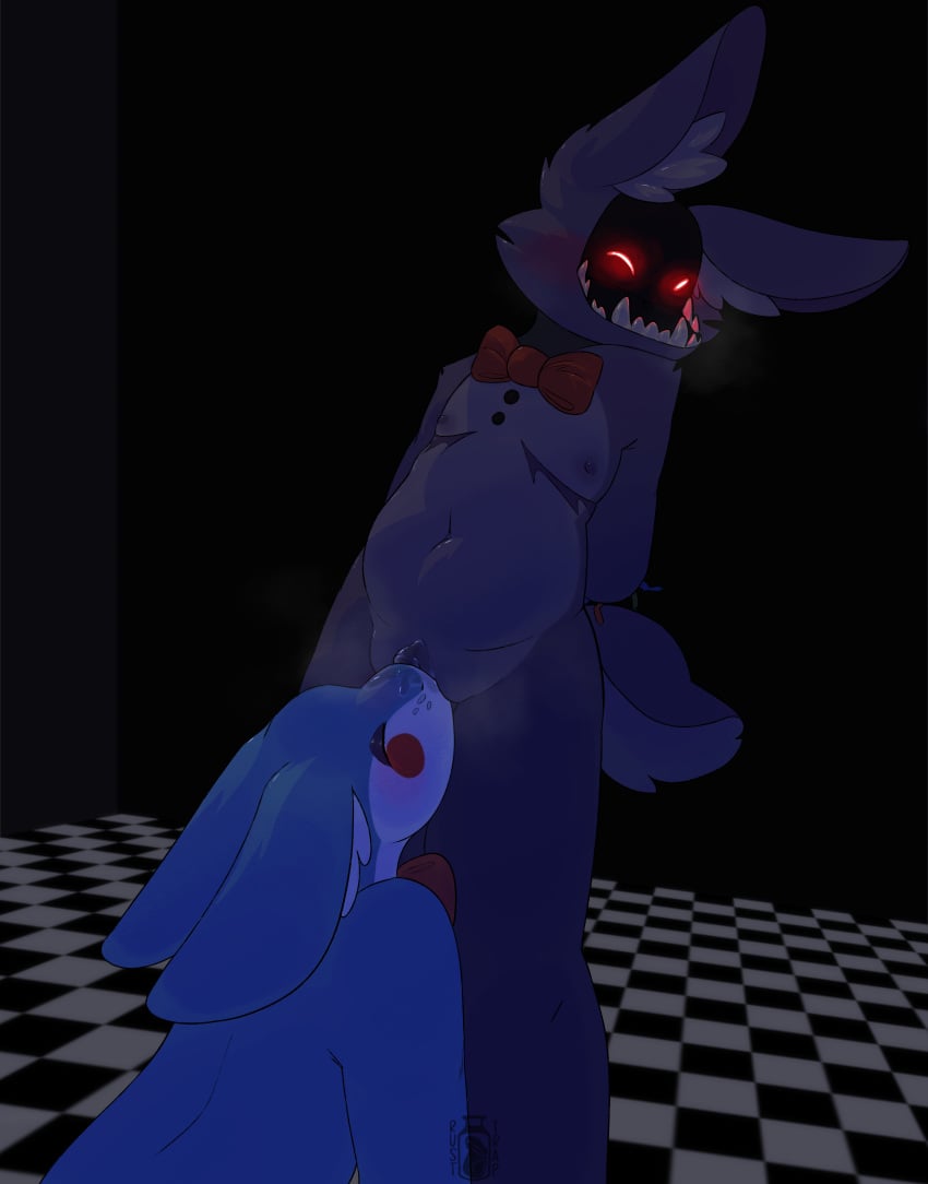 absurd_res amputee andromorph andromorph/male anthro big_ears blue_body blush bodily_fluids bow_tie clitoris countershading cunnilingus cuntboy cuntboy/male disability duo fangs five_nights_at_freddy's five_nights_at_freddy's_2 genital_fluids glowing glowing_eyes hi_res intersex intersex/male lagomorph leporid male male/male mammal mastectomy_scar missing_arm nipples oral purple_body purple_nipples rabbit rusttrap scar scottgames scut_tail sex short_tail simple_background slightly_chubby standing standing_sex steam steamy_breath tail teeth toy_bonnie vaginal_fluids vaginal_penetration withered_bonnie