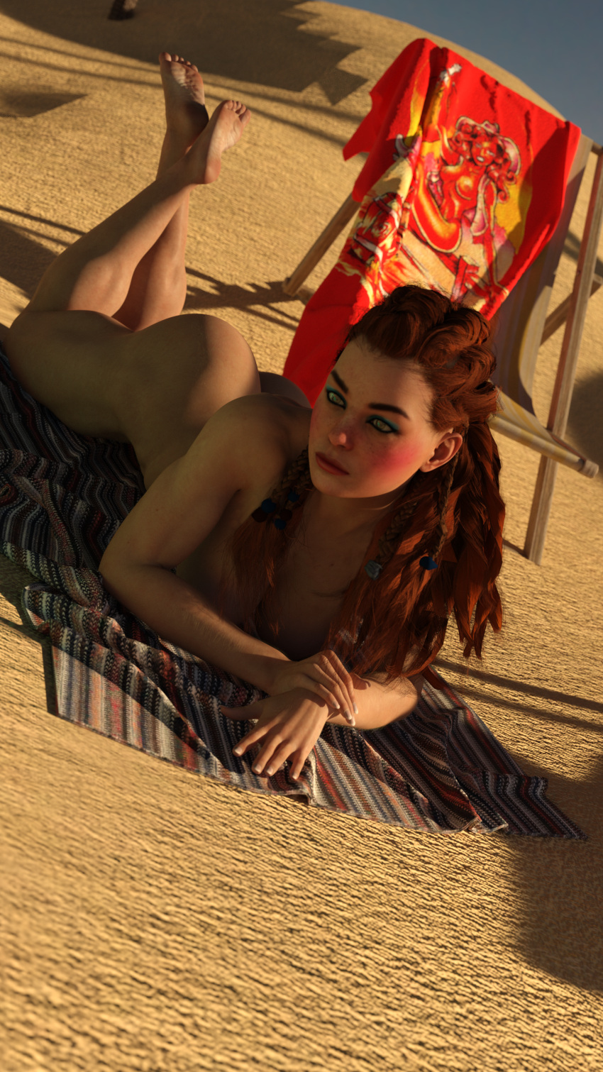 1girls 3d 3d_model aloy ass beach beach_chair beach_towel catdad3d_(artist) cgi completely_naked completely_naked_female completely_nude completely_nude_female feet_up female female_only green_eyes guerilla_games horizon_forbidden_west horizon_zero_dawn looking_away lying_on_belly lying_on_towel naked naked_female nude nude_female nudist nudist_beach nudity red_hair solo sony_interactive_entertainment sunset