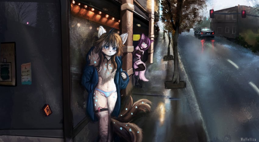 2_tails anthro anthro_only blue_eyes blush brown_hair canid canine car chest_fur chest_tuft city city_background clothing coat crystal day duo egg_vibrator exhibitionism female female/female female_focus fox fur garter_straps hair happy hi_res inner_ear_fluff looking_at_another looking_at_viewer magic mammal multi_tail on_one_leg panties plant purple_body scared scared_face sex_toy standing star street tail topwear traffic_light tree tuft underwear vehicle vibrator white_body white_fur wolfelliza zianya_(wofelliza)