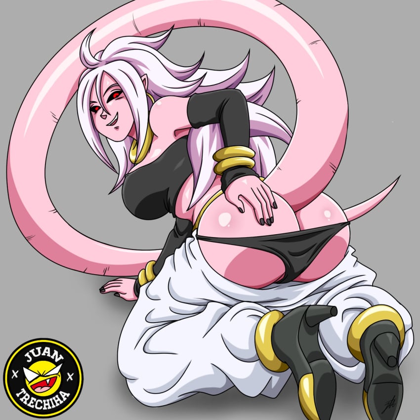 android_21 android_21_(evil) android_girl ass ass_focus back_view dragon_ball dragon_ball_fighterz dragon_ball_z female female_only juantrechiha majin majin_android_21 only_female panties pervert pink_body pink_hair pink_nose pink_skin red_eyes smile solo solo_female tail white_hair