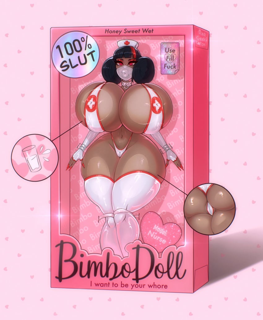 ass bimbo bimbo_body bimbo_lips black_hair breasts_bigger_than_head dark-skinned_female dark_skin doll_box dyed_hair geekyredfox_(artist) huge_breasts huge_hips in_box in_container in_doll_box nurse redgeekyfox thighhighs thighs voluptuous