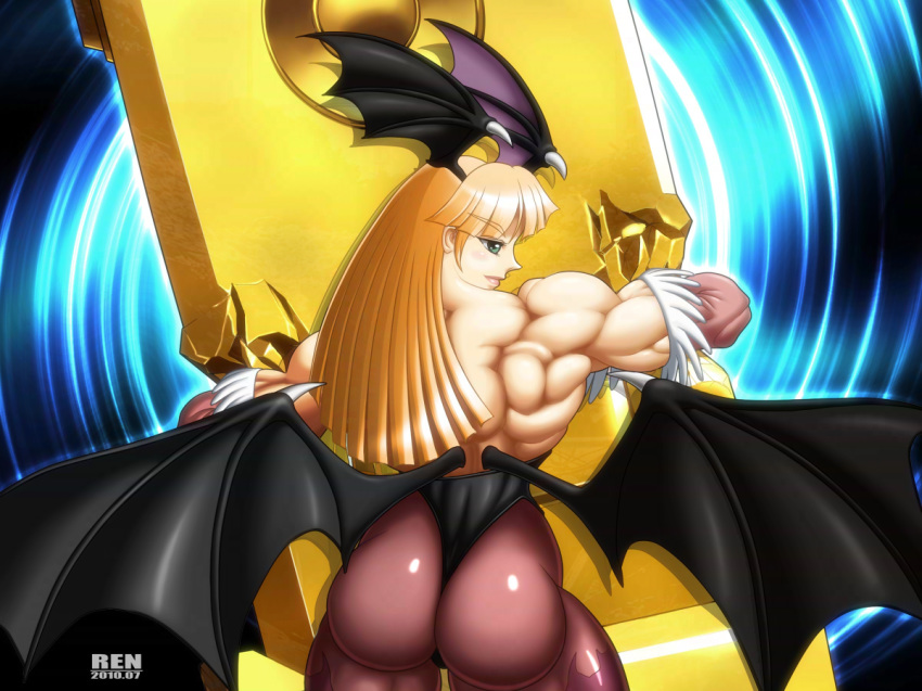 ass bare_shoulders breasts capcom cleavage clothing darkstalkers dat_ass demon_girl elbow_gloves extreme_muscles gloves green_eyes head_wings headwings long_hair looking_back monochrome morrigan_aensland muscle muscular muscular_female orange_hair pantyhose ren_(tainca2000) rentb solo succubus wings