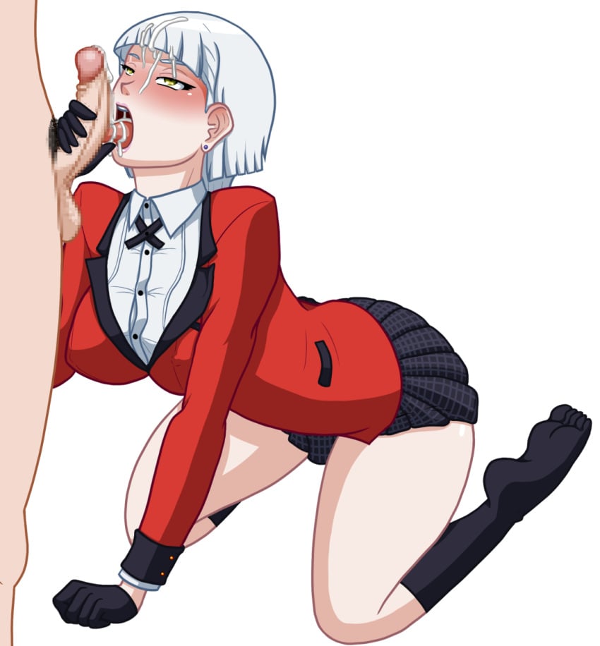 alternate_version_available black_gloves black_legwear blush blushing clothed_female_nude_male cum cum_in_mouth cum_on_tongue cumshot feet fellatio fully_clothed fully_clothed_female gloves holding_penis honebami_miroslava kakegurui large_breasts licking_penis nude_male on_knees oral_sex penis placeholder pleated_skirt school_uniform short_skirt skirt socks thick_thighs thighs tongue tongue_out unseen_male_face white_hair