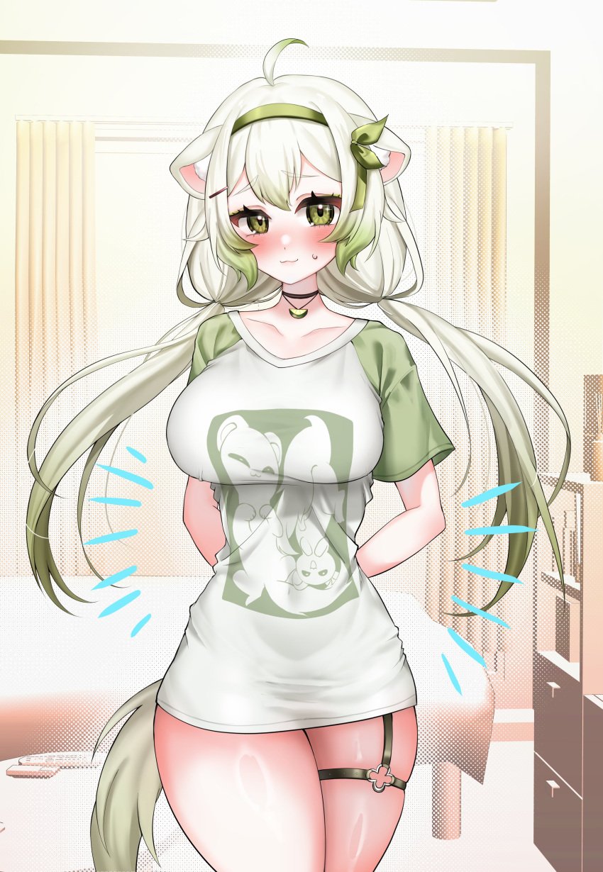 1girls animal_ears animal_tail blush breasts female ferret ferret_girl fushi green_eyes green_highlights hairband laimu lime looking_at_viewer multicolored_hair no_pants solo t-shirt tail thick thick_thighs tight_clothing vinesauce virtual_youtuber white_hair