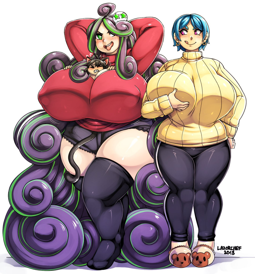 1boy 2girls absolute_territory between_breasts body_between_breasts breast_grab cat_boy cleavage commission covered_nipples curvy gigantic_breasts grabbing_own_breast huge_breasts larger_female lazorchef long_hair red_shirt short_hair size_difference smaller_male sweater taller_female taller_girl thick_thighs wide_hips zettai_ryouiki