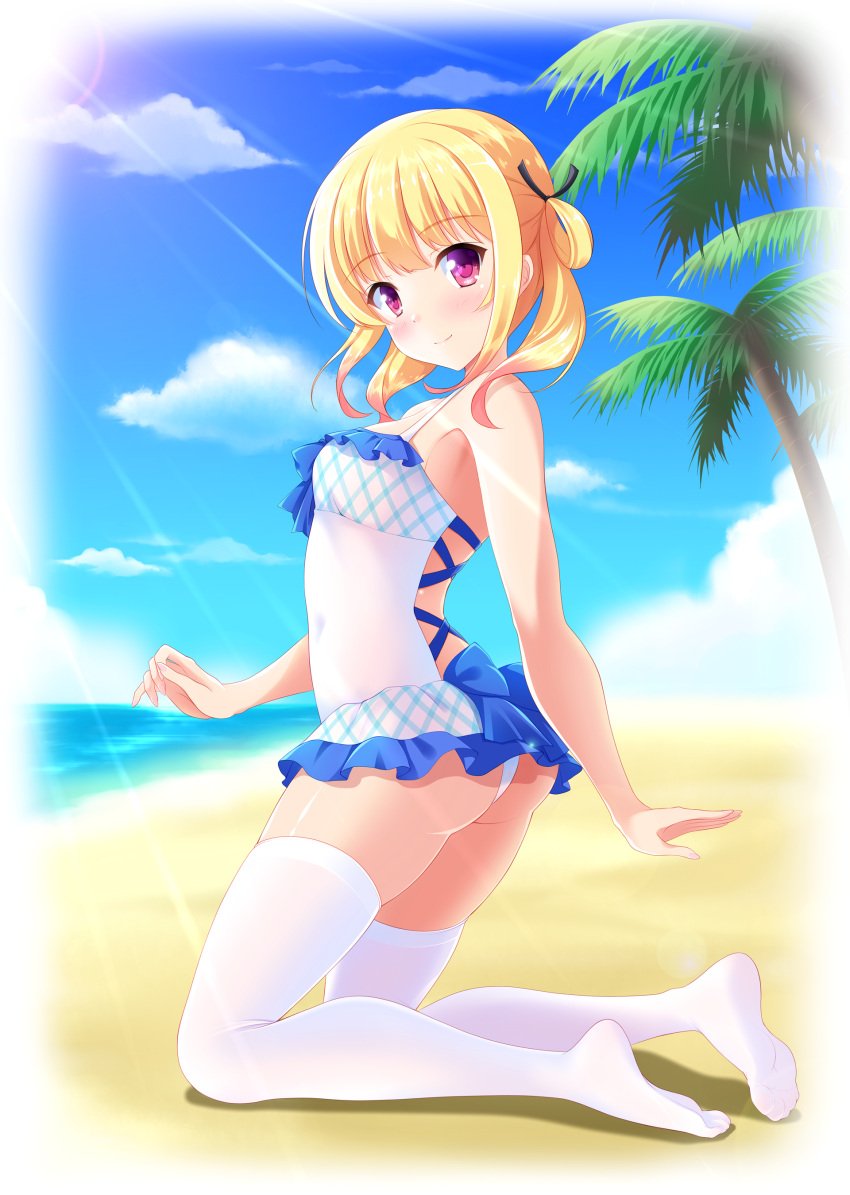 1girls ass beach_background blonde_hair female female_only looking_at_viewer purple_eyes shoeless smiling smiling_at_viewer swimsuit white_panties white_stockings 八神晨月