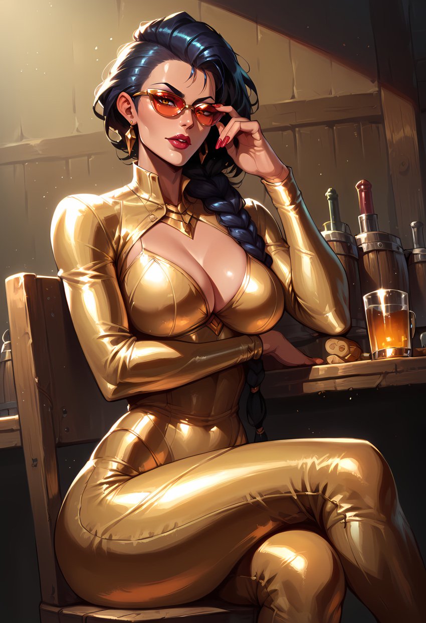 1girls adjusting_eyewear adjusting_glasses adjusting_sunglasses ai_generated bodysuit gold latex league_of_legends shiny shiny_skin smoke600 stable_diffusion sunglasses tinted_eyewear vayne