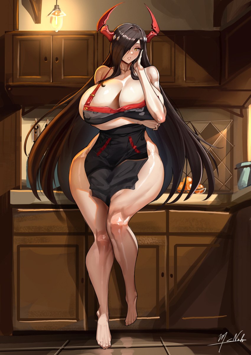 1girls apron azur_lane barefoot black_apron black_hair friedrich_der_grosse_(azur_lane) full_body huge_breasts iron_blood_(azur_lane) kitchen light-skinned_female light_skin manob0028 naked_apron signature thick_thighs wide_hips