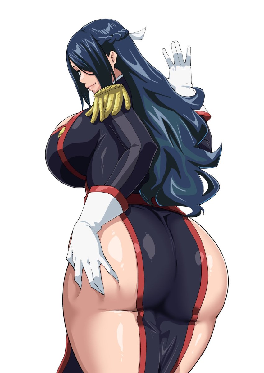 anti-demon_corps_uniform azuma_fubuki blue_eyes blue_hair braid gloves hair_over_one_eye hand_on_ass hand_on_butt huge_breasts iwao178 large_ass long_hair looking_at_viewer looking_back mato_seihei_no_slave milf pelvic_curtain presenting_ass voluptuous voluptuous_female