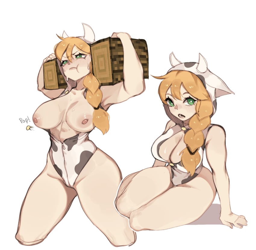 1girls alex_(minecraft) breasts cow_print female female_only green_eyes high_resolution large_breasts minecraft orange_hair samma9 solo thighs very_high_resolution white_background wide_hips