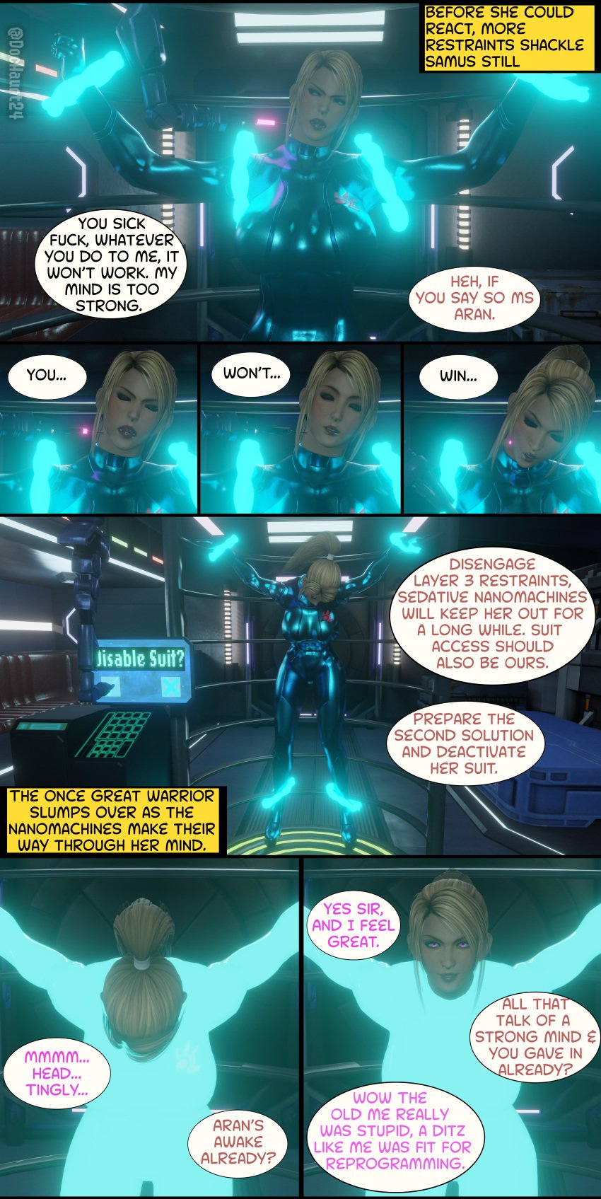 3d before_and_after blonde_hair blue_eyes bodysuit breasts comic corruption denial dialogue dochaunt24 hypnotic_liquid large_breasts metroid muscle_girl nintendo pre-transformation restrained samus_aran sarah_bryant sleeping syringe text watermark zero_suit