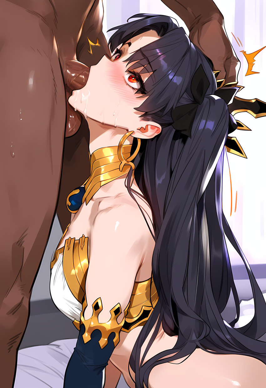 ai_generated black_hair blue_armwear blue_legwear dark-skinned_male fate_(series) female geosan gold_earrings gold_jewelry ishtar red_eyes