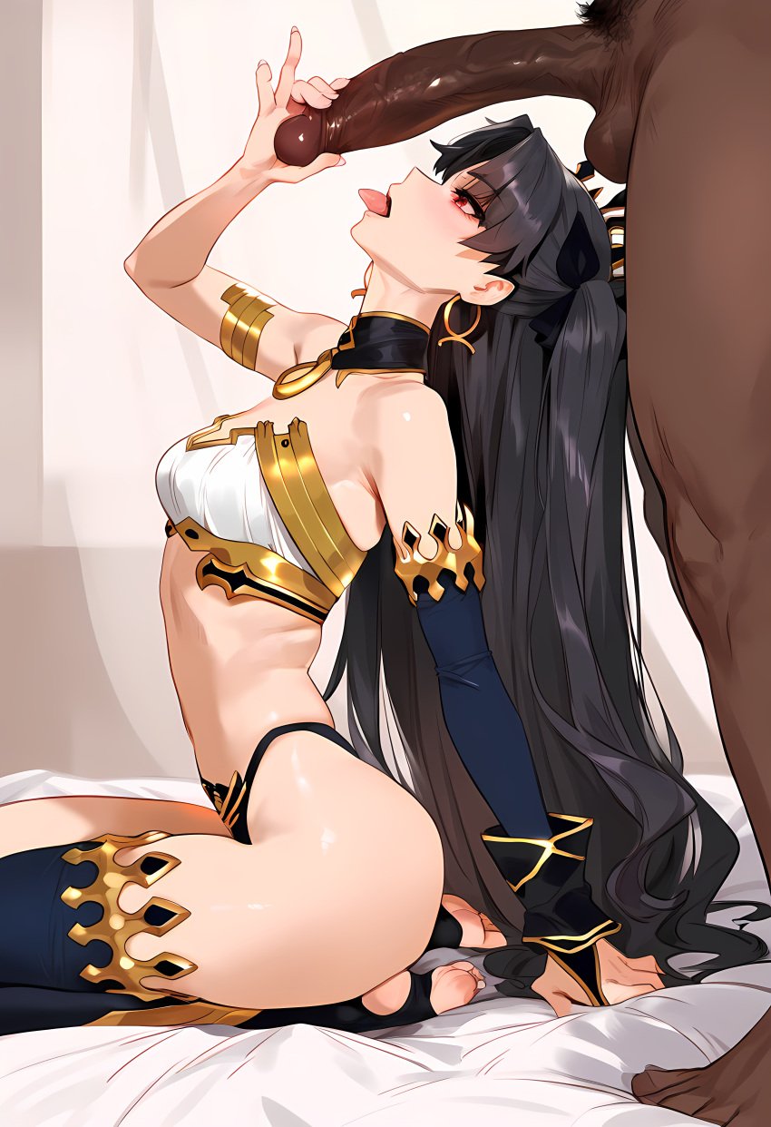 ai_generated black_hair blue_armwear blue_legwear dark-skinned_male fate_(series) female geosan gold_earrings gold_jewelry ishtar red_eyes