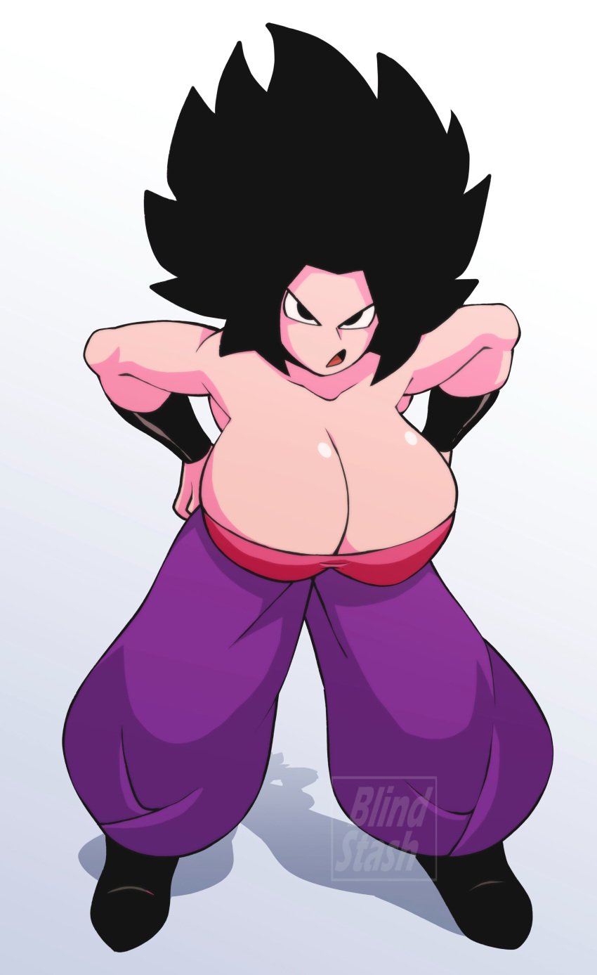 annoyed annoyed_expression baggy_pants bent_over big_breasts big_thighs black_eyes black_hair blindstash bracelets buff_female caulifla clothed dragon_ball dragon_ball_super heavy_breasts massive_breasts purple_pants spiked_hair tagme topwear white_background white_skin