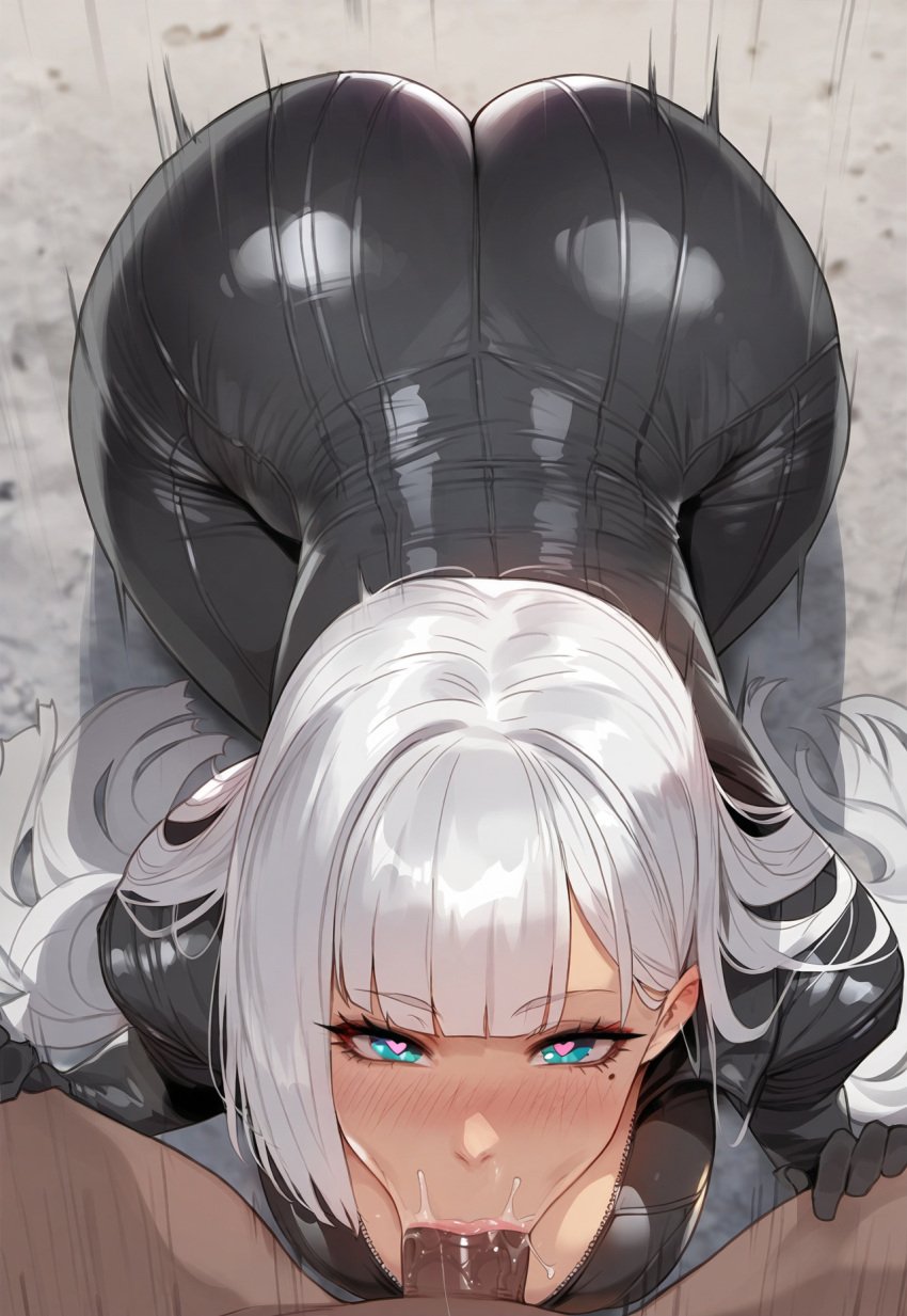 1boy 1girls ai_generated artstyle_imitation ass azur_lane blowjob blue_eyes bodysuit breasts dark-skinned_male dark_skin dat_ass female floox hi_res high_resolution hips huge_ass huge_breasts huge_cock interracial light-skinned_female light_skin long_hair male penis shoukaku_(azur_lane) stable_diffusion thiccwithaq_(ai_style) thick_thighs thighs uncensored white_hair wide_hips