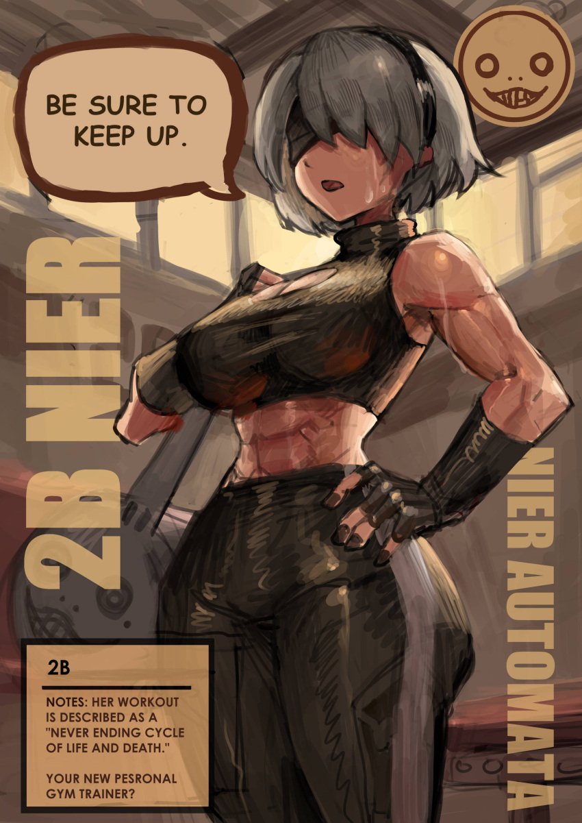 1girls abs absurdres bag black_blindfold blindfold breasts duffel_bag emil_(nier) english_text female fingerless_gloves gloves gym hairband highres muscular muscular_female nier:_automata nier_(series) open_mouth saiykik short_hair solo speech_bubble sweat tank_top toned turtleneck white_hair yorha_2b