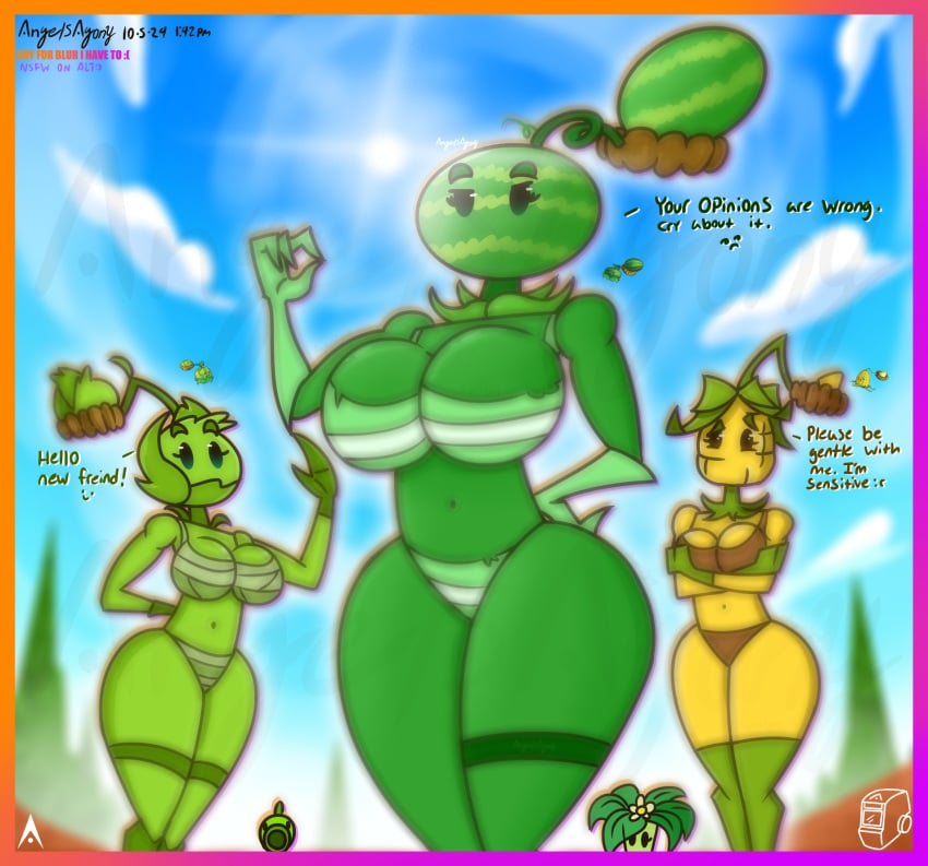 2d 2d_(artwork) 3girls agonywelds ass ass big_ass big_breasts bigger_female bikini breasts breasts cabbage-pult_(pvz) curvy curvy_figure female femdom glowing kerna lens_flare looking_at_viewer low-angle_view melon_pult meme peashooter_(pvz) plant plant_girl plants_vs_zombies pvz striped_panties talking_to_viewer taller_girl text thick_ass thick_thighs thighs thong umbrella_leaf_(pvz) underwear