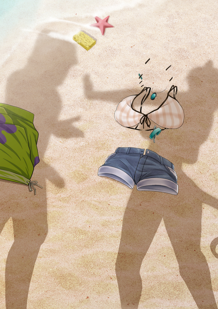 1boy 1girls aariyoo animal_ears arknights commission day doctor_(arknights) dressed_shadow_(meme) erection female highres implied_nudity looking_at_another meme outstretched_arm patrick_star penis_shadow sand sea_sponge shadow shadyoaks shorts spongebob_squarepants spongebob_squarepants_(character) standing starfish tail unworn_bikini_top unworn_clothes unworn_shorts utage_(arknights)