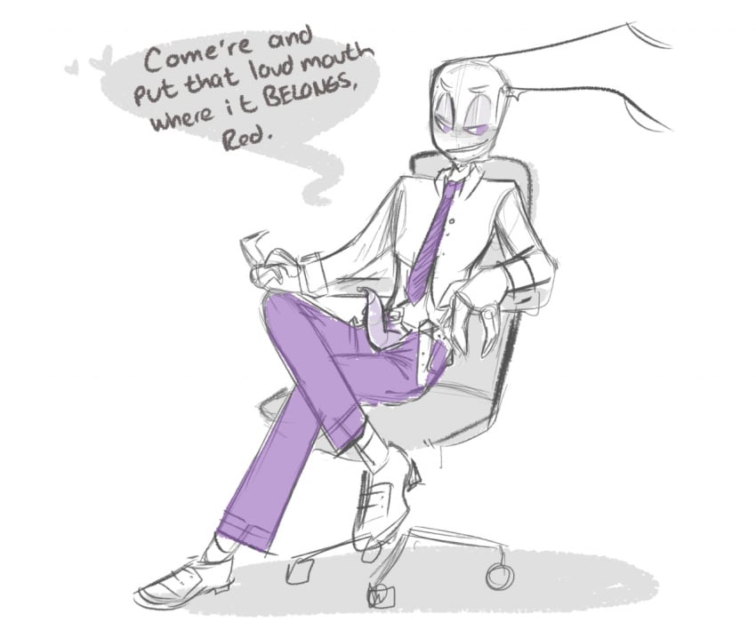 1boy 2d 2d_artwork alien alien_boy alien_humanoid antennae antennae_(anatomy) clothed color formal_wear gay invader_zim inviting inviting_to_sex irken office_chair penis penis_out purple_eyes purple_pants seductive sitting sitting_down sitting_on_chair smiling speech_bubble suit_and_tie tallest_purple tapering_penis tentacle tentacle_penis white_background xxenoxxeno